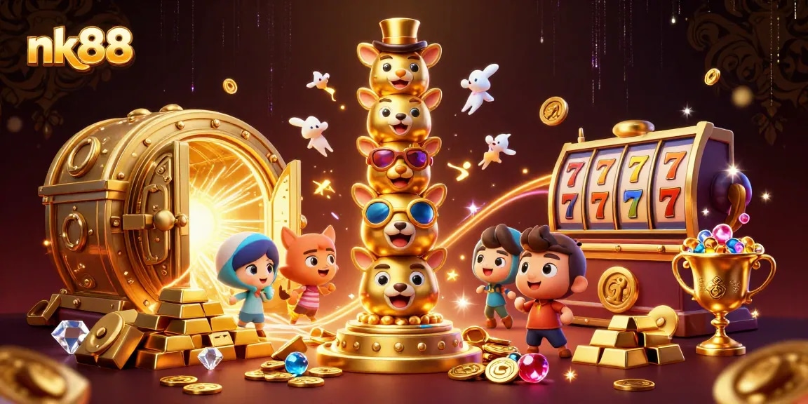 Experience nk88's thrilling slot adventure with a golden totem and dazzling treasures.