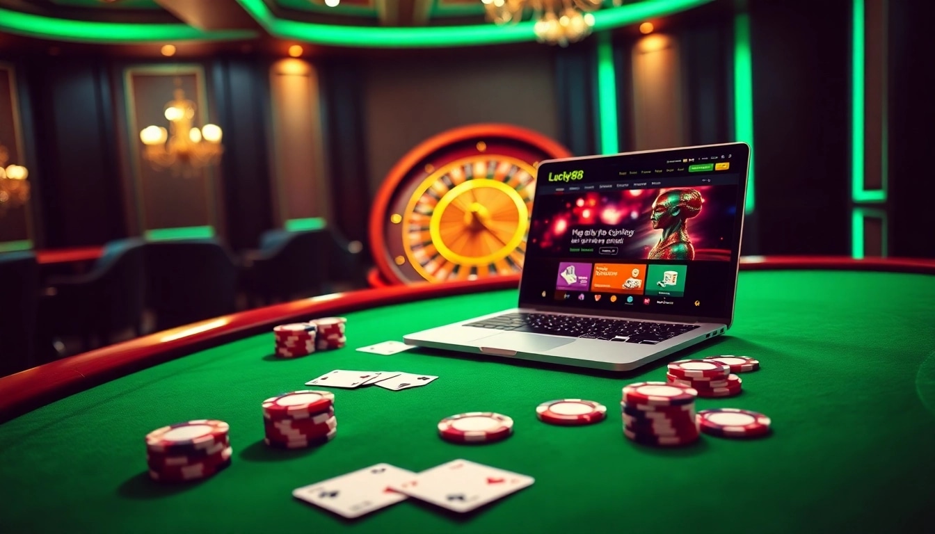 Experience luxury and excitement at Lucky88's online casino, featuring vibrant poker chips and games.