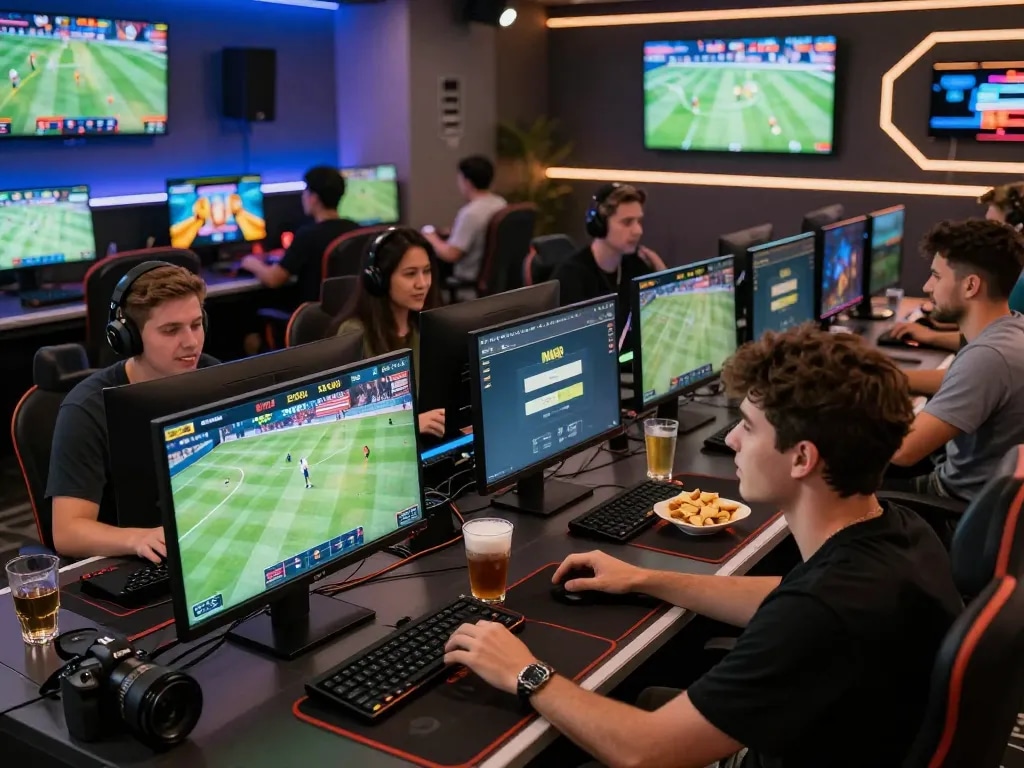 Scene depicting users actively enjoying online betting at MM88 đăng nhập platform in a modern gaming lounge.