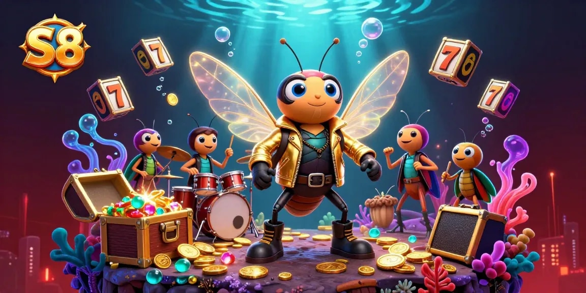 S8 players can win big with exciting slot reels and vibrant casino characters in this 3D illustration.