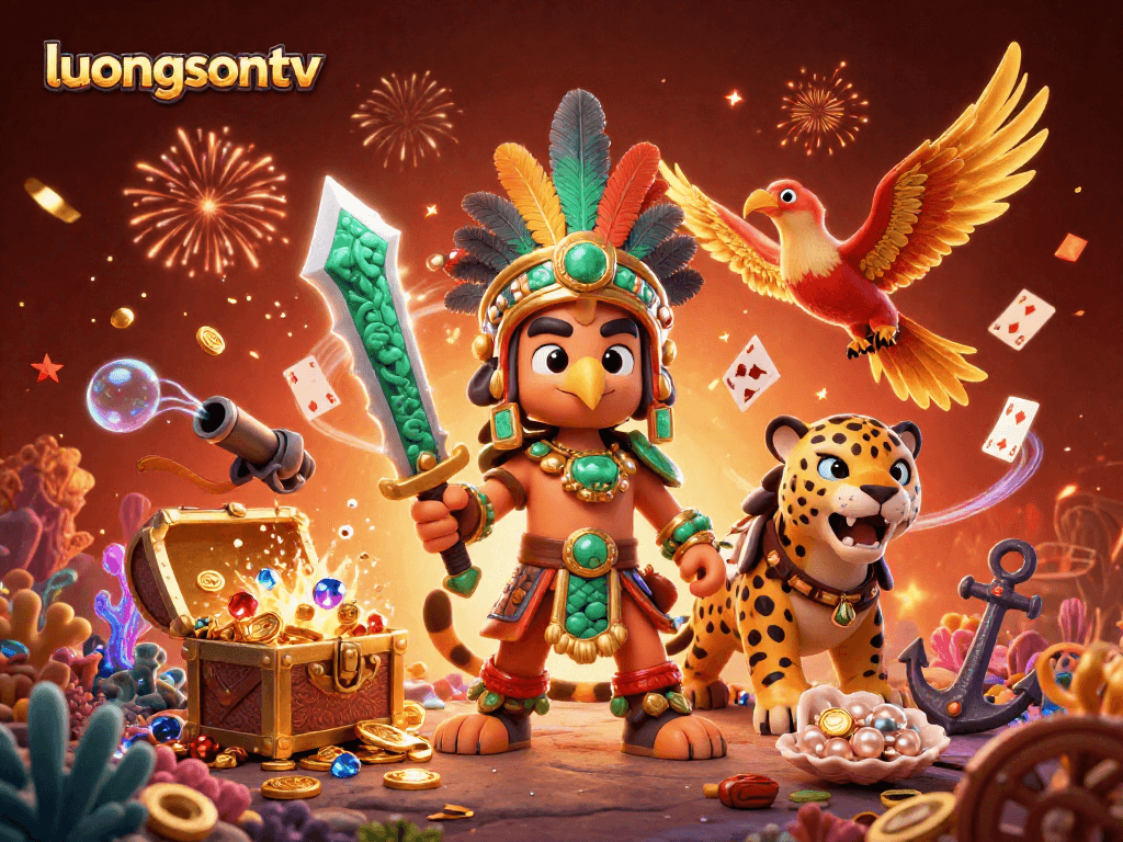Experience the thrill of luongsontv with dynamic 3D casino illustration showcasing Aztec warriors amidst underwater treasures.