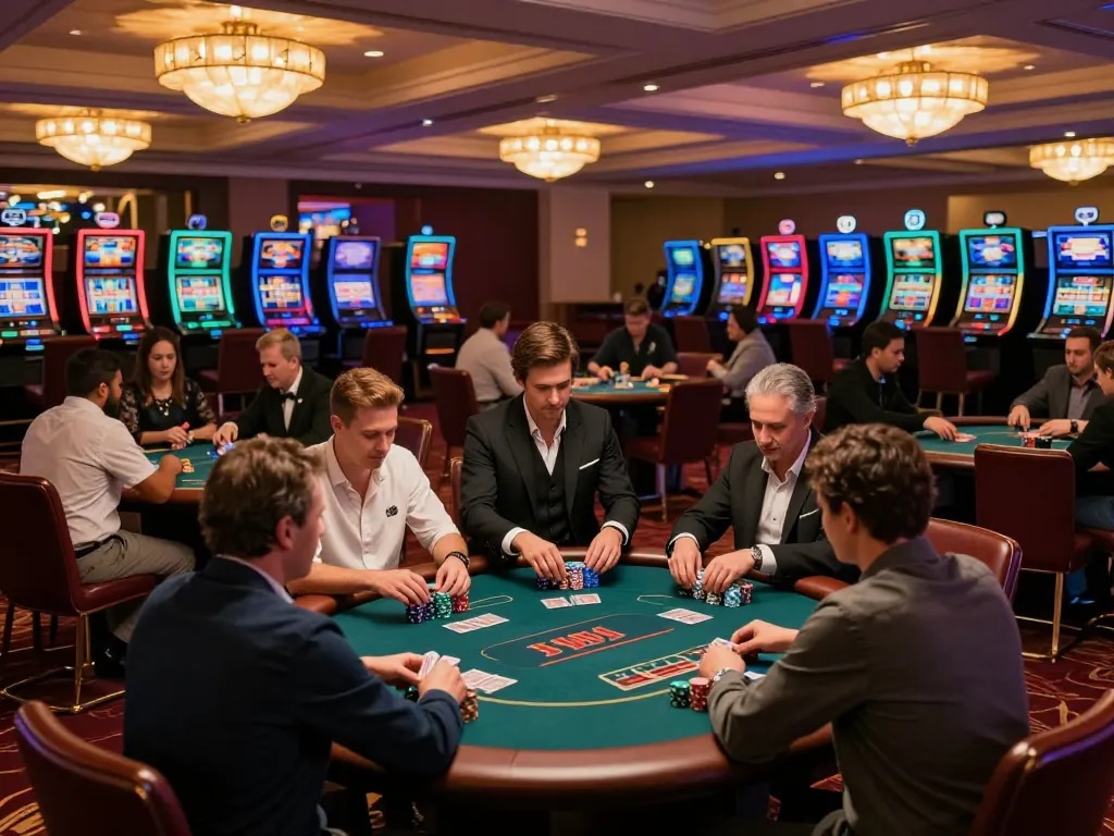 Dabet uy tín reflects the vibrant atmosphere of an upscale casino with players engaged in poker.