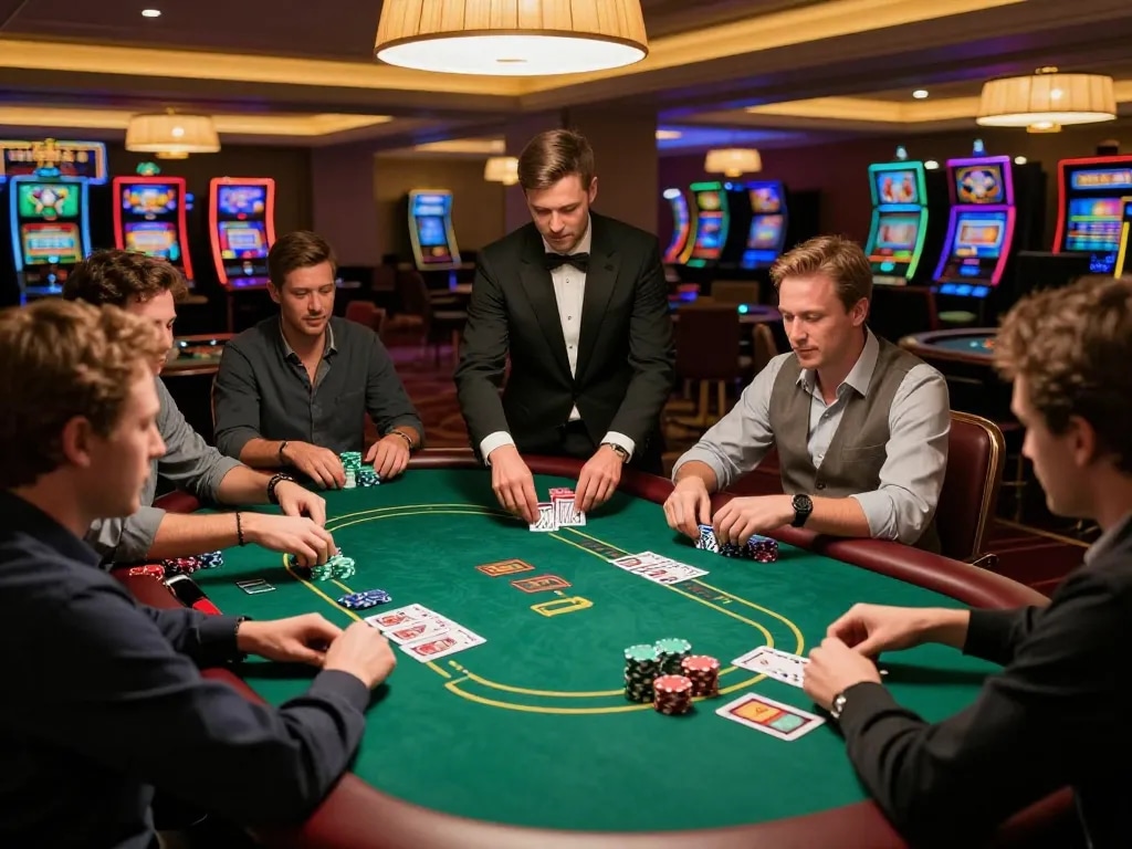 Engaged players enjoying a game of poker at Sky 88 Casino, showcasing chips and cards.