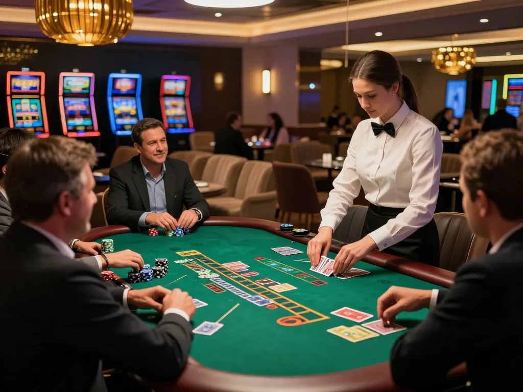Players enjoying blackjack at an upscale casino, experiencing the thrill of GA88 gaming.