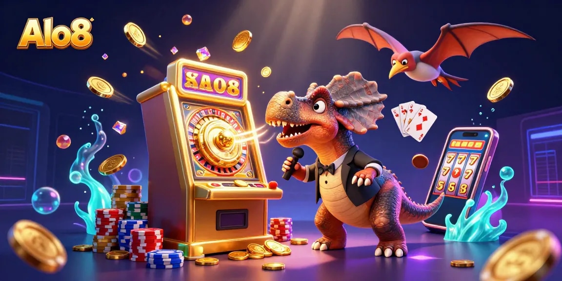 Alo8 showcases a cartoon scene of a dinosaur at a slot machine, symbolizing exciting jackpots and casino thrills.