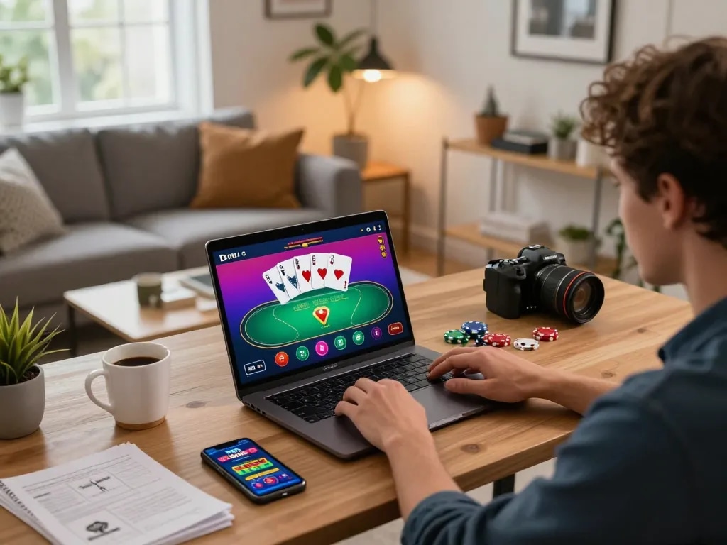 Engaged player using fyhot online poker app on laptop surrounded by gaming strategy notes.