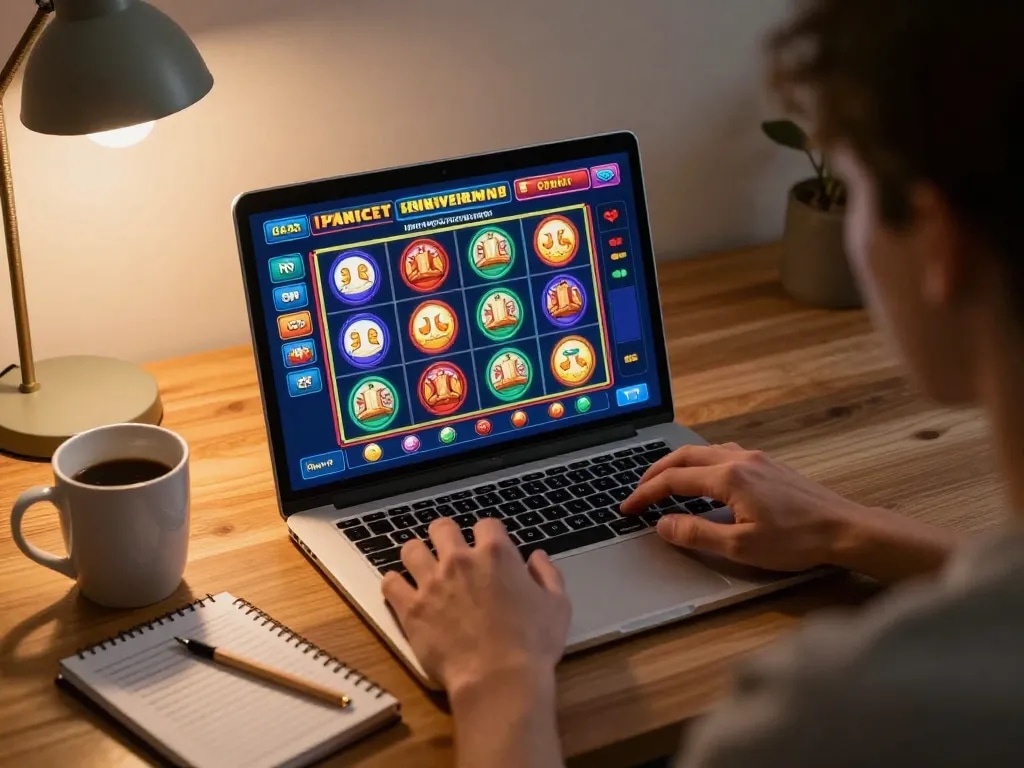 Pengalaman bermain game online yang menarik dengan antarmuka situs togel yang ditampilkan di laptop, menunjukkan slot berwarna-warni.
