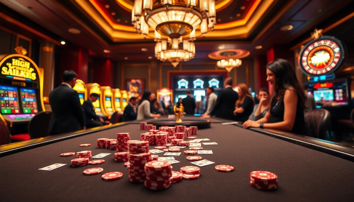 79KING players thrill at an upscale poker table amidst vibrant slot machines and roulette.
