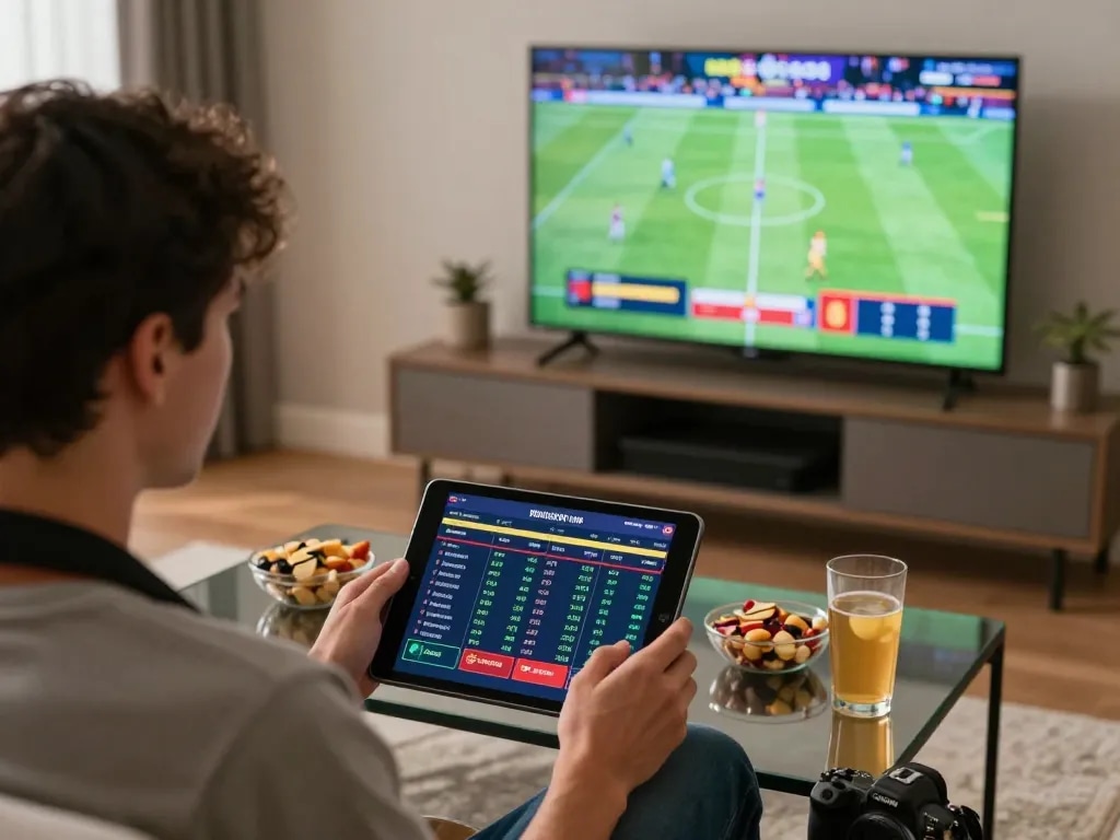 Player engaging with 78win betting app during live sports match on tablet in cozy setting