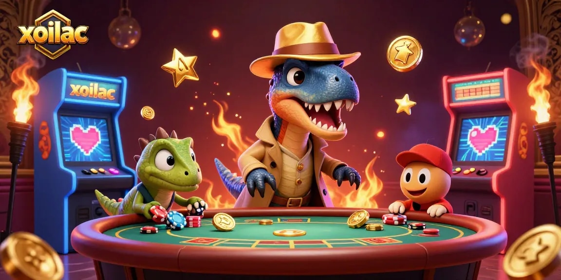 Xoilac illustrates a thrilling blackjack scene with a velociraptor card counter in action.