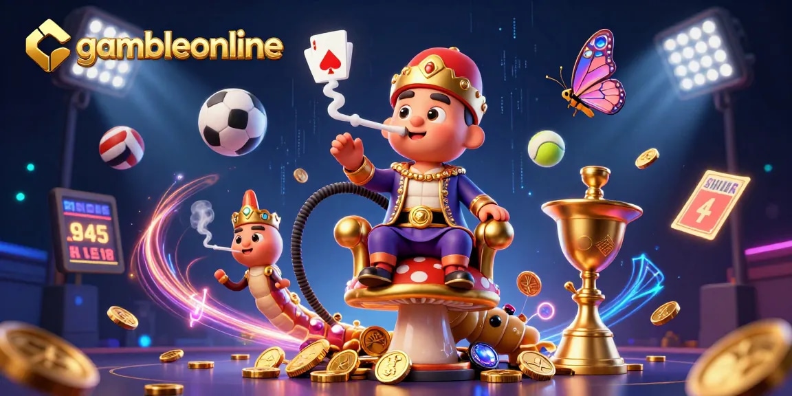 Bet on your favorite games at gambleonline with vibrant 3D casino illustration featuring dynamic sports elements.