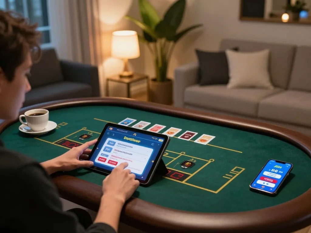 Engaged player enjoying a jkp88 live dealer game on tablet in a cozy home setting.