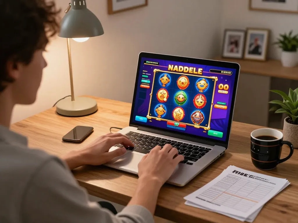 Win138 user enjoying a thrilling online slot game in a cozy home setting