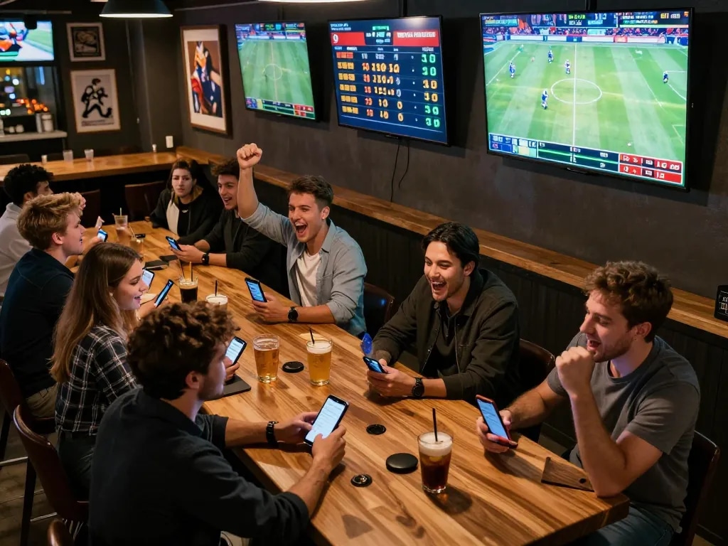 Xo88 enthusiasts placing bets in a vibrant sports bar while watching live games on multiple screens.
