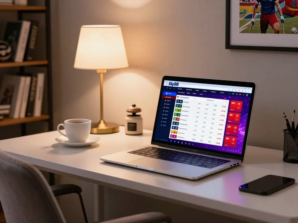Gambler engaging on the Sky88 sports betting interface at home, showcasing a modern setup that reflects user-friendly online gaming.