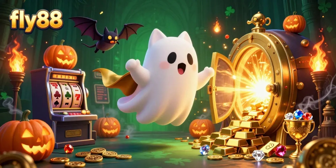 Experience the vibrant excitement of fly88 with a friendly ghost cat and treasure-filled haunted casino scene, ideal for gamblers.