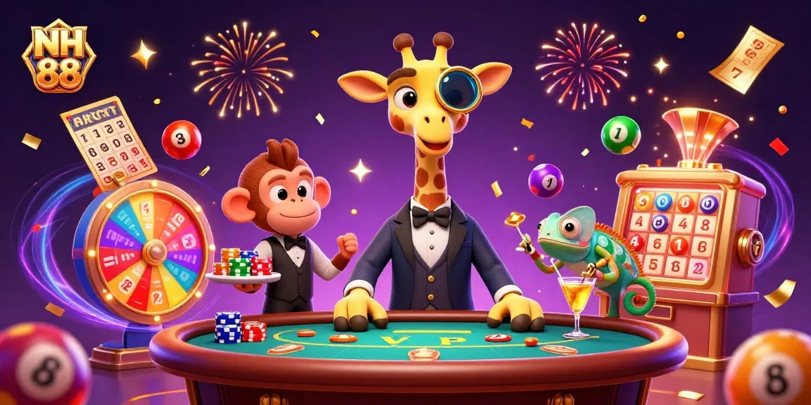 Experience excitement at NH 88 with vibrant lottery balls and a high-roller giraffe in a casino scene.