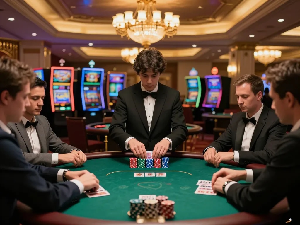 bin88 players enjoying a high-stakes poker game surrounded by vibrant casino atmosphere