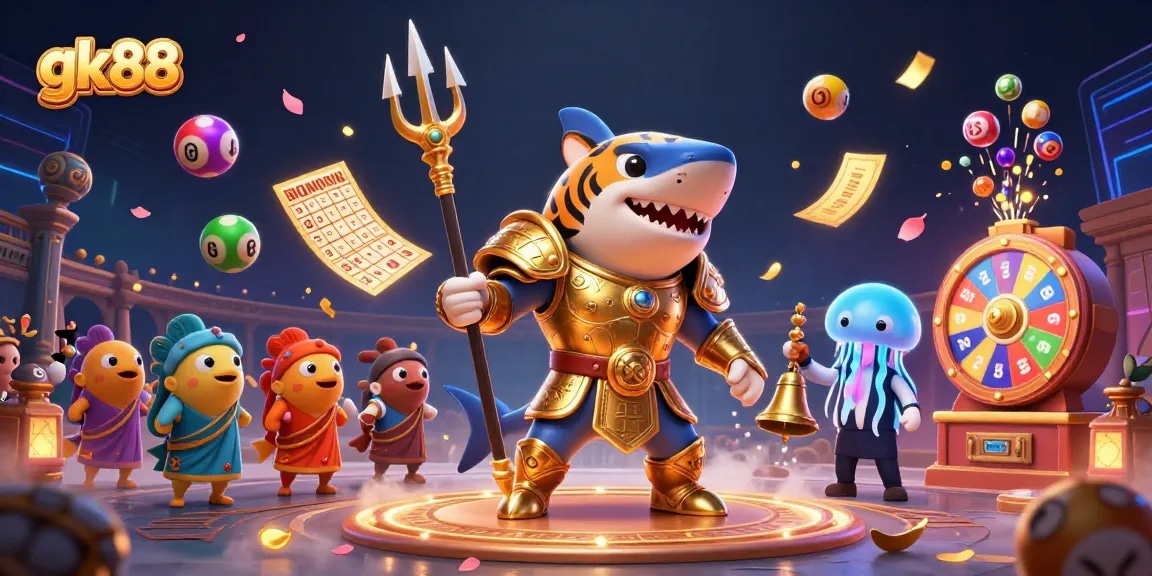 Engage in the thrilling gk88 casino experience with vibrant lottery and gaming elements in a lively underwater scene.