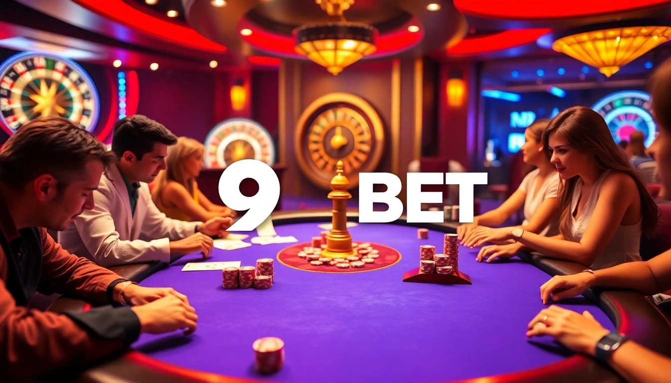 Players engaged in an intense poker game at 9BET casino, highlighting thrilling gambling action.