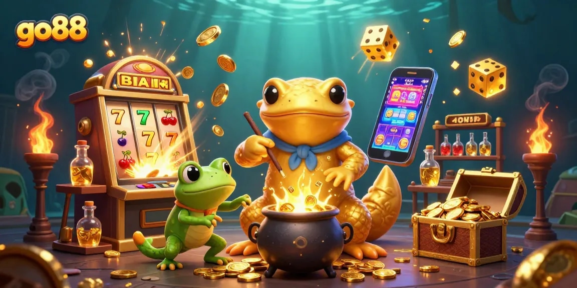 Experience the excitement of go88 with a dynamic illustration of an alchemist and casino elements.