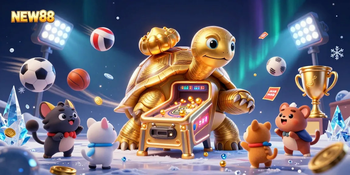 Experience thrilling gameplay at NEW88 with an interactive and vibrant casino scene featuring a golden tortoise.