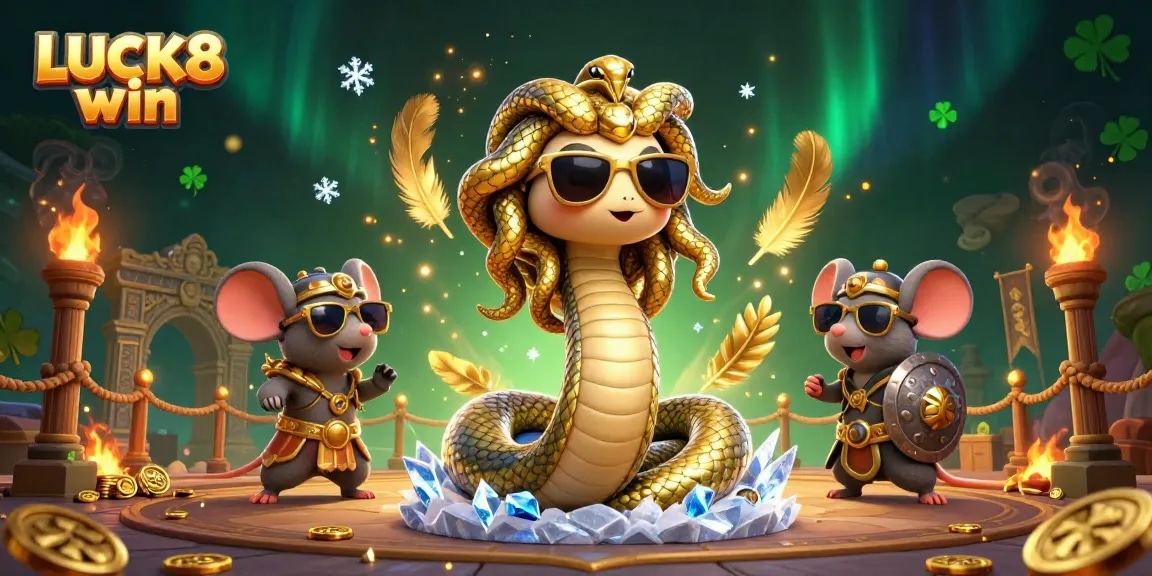 LUCK8 win showcases a vibrant casino scene with Medusa, a warrior mouse, and dynamic game elements.