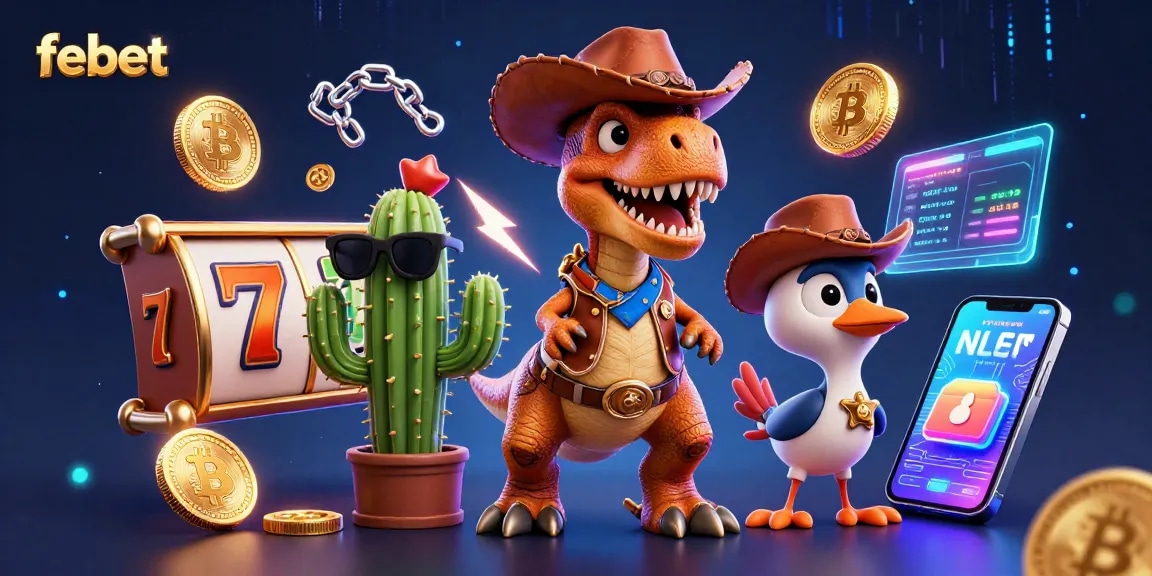 Experience big wins at febet with a lively 3D illustration of a T-Rex cowboy and vibrant casino elements.
