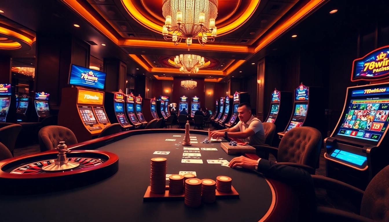 Players enjoying an exhilarating game at 78win.bot casino table, showcasing vibrant slot machines and poker action.