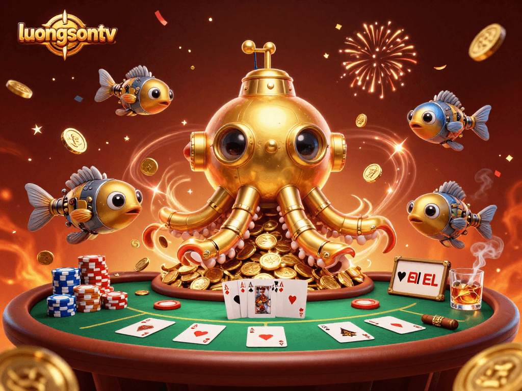 luongsontv features 3D kraken submarine characters celebrating with poker and casino elements in a vibrant scene