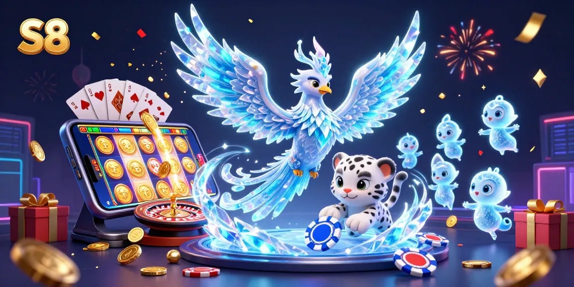 Experience S8's thrilling ice-themed casino adventure with glowing characters and vibrant game elements