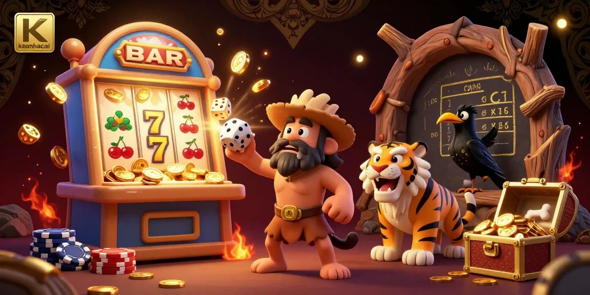 Engage with keonhacai casino action featuring cavemen and sabertooth tigers amidst bursting slot machine excitement.