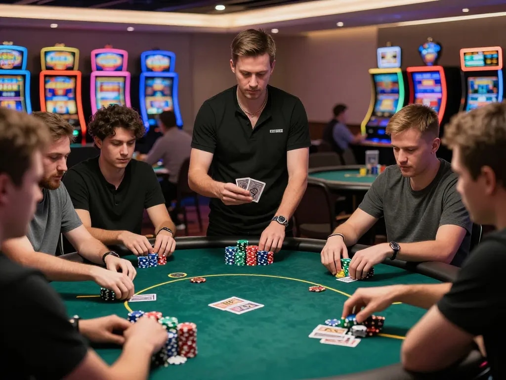 TIP88 poker players strategizing over colorful chips in a vibrant casino atmosphere