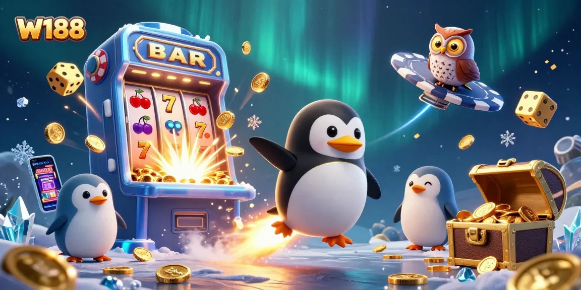 Experience the excitement of W188 as a golden penguin blasts through a vibrant casino space.