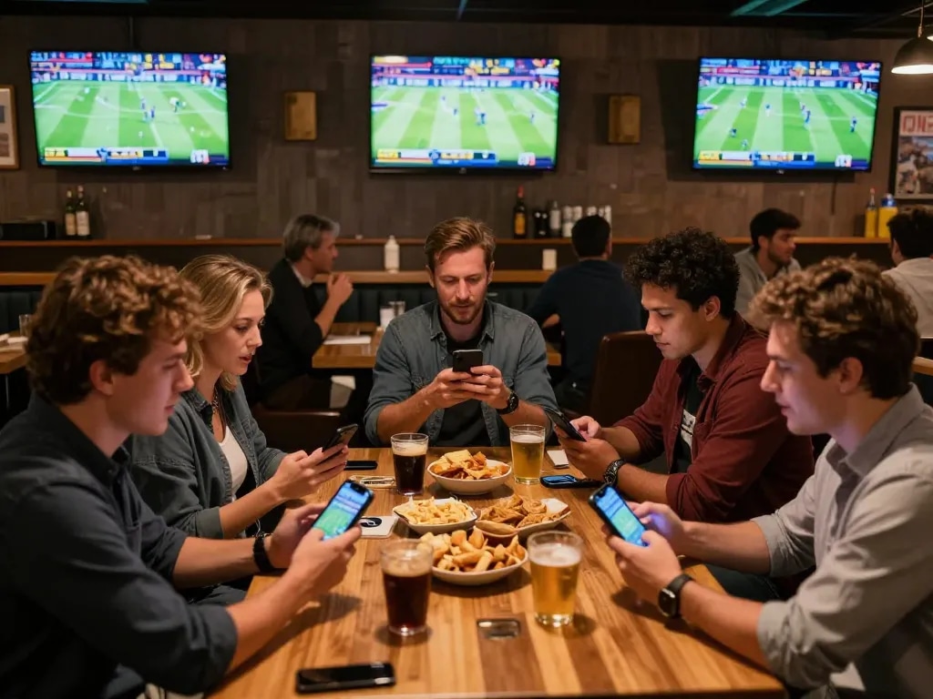 Sports fans placing bets on their smartphones at https://www.mnm88.com/ while enjoying live games in a lively bar.