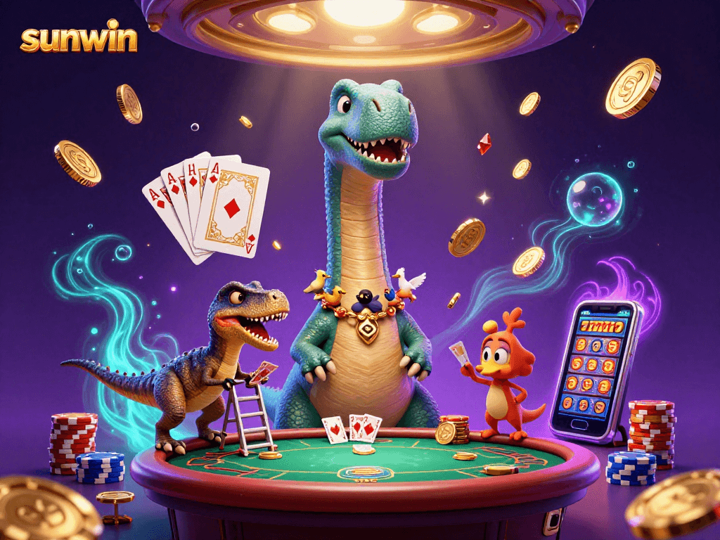 Experience thrilling gameplay with sunwin's vibrant casino scene featuring dinosaurs and poker.