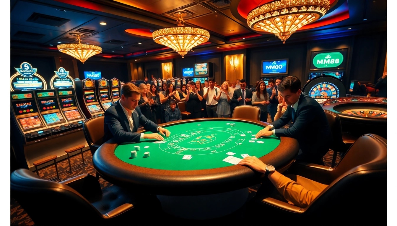 Experience the excitement of MM88 at a luxurious poker table, surrounded by vibrant slot machines.