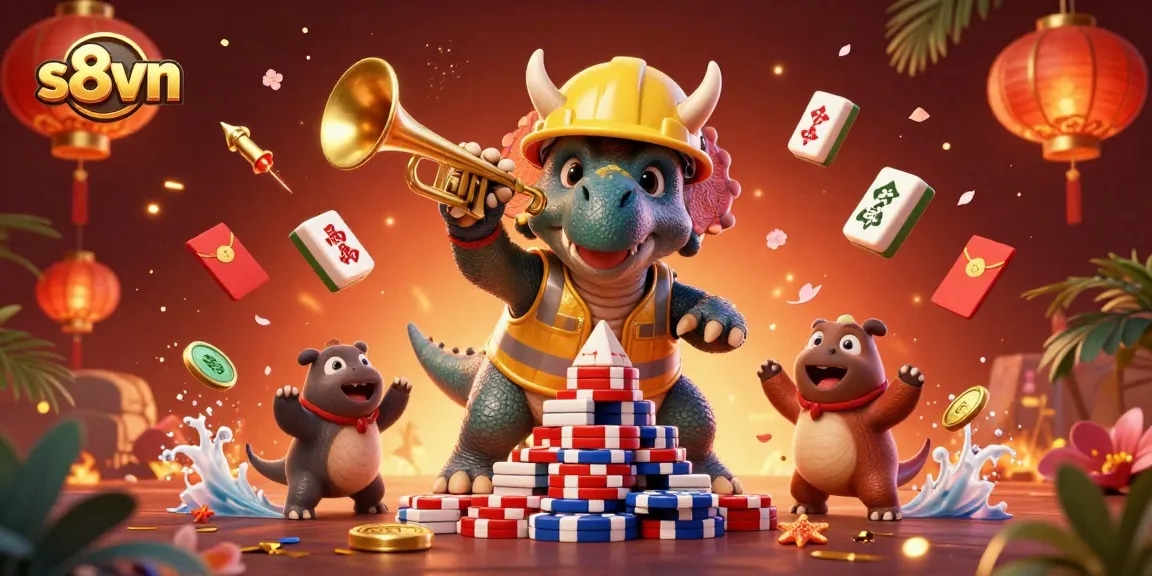 Experience s8vn's vibrant online casino scene with celebrating characters amidst festive gaming elements.
