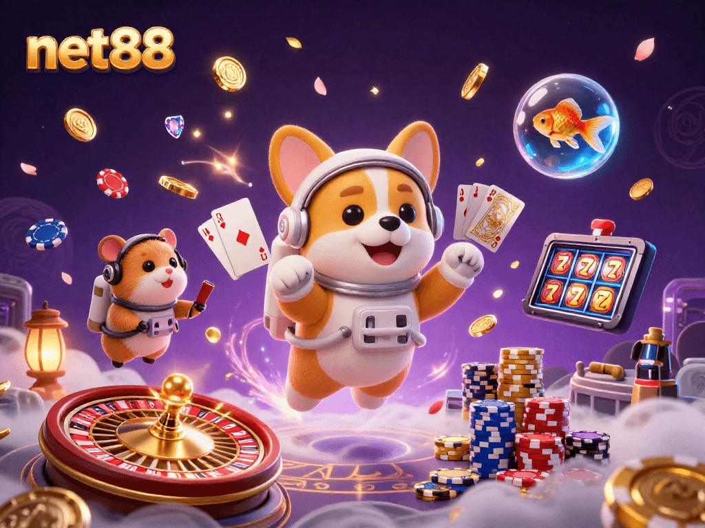 Experience the excitement of net88 slots with a vibrant 3D cartoon casino scene featuring a corgi, hamster, and goldfish.