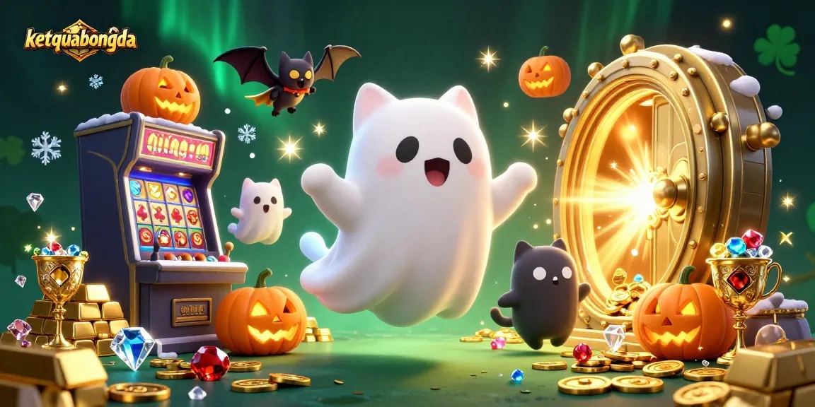 Experience thrilling gameplay at ketquabongda with glowing jack-o-lanterns and ghostly friends in a vibrant casino.