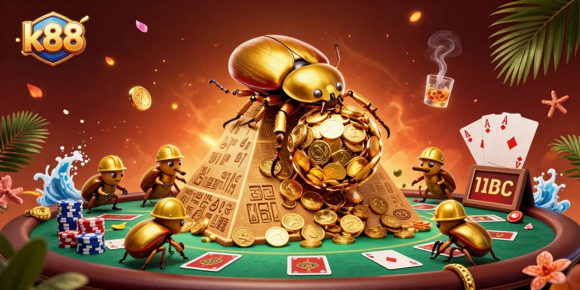 Engage with thrilling k88 casino games featuring a golden beetle scene and poker elements.
