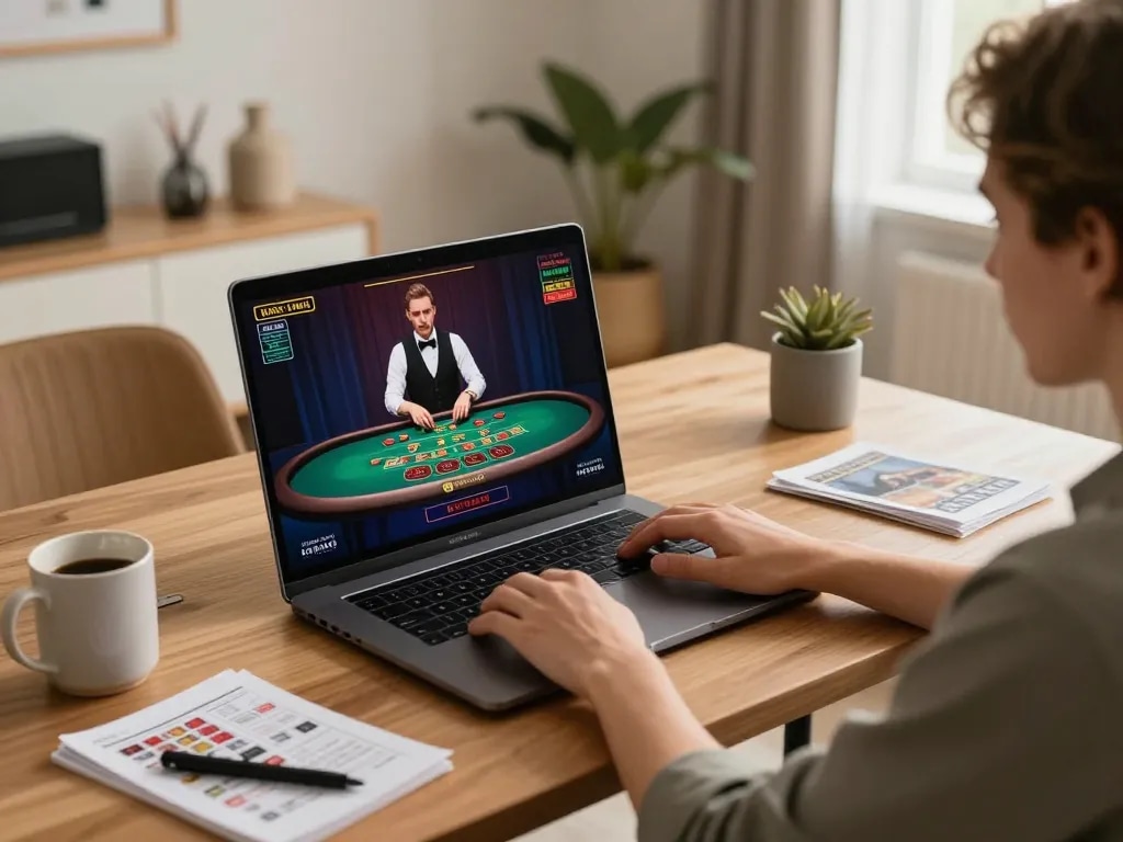 Experience live baccarat from https://c168b.com/ in a stylish online gaming setup with warm lighting.