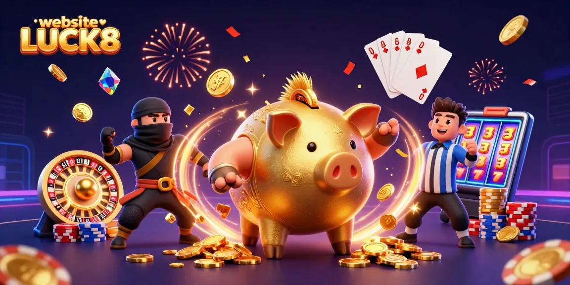 Engage with the website LUCK8 where a dazzling golden piggy bank takes center stage amidst vibrant casino elements.