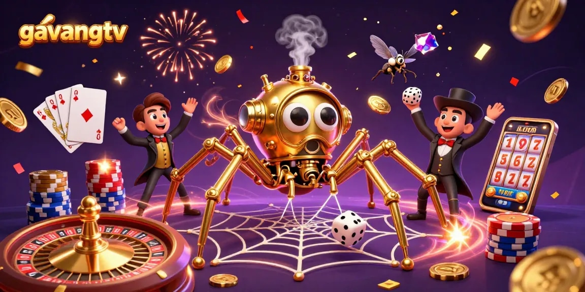 Experience thrilling action with gavangtv as a golden spider snags unlucky dice in a vibrant casino scene.