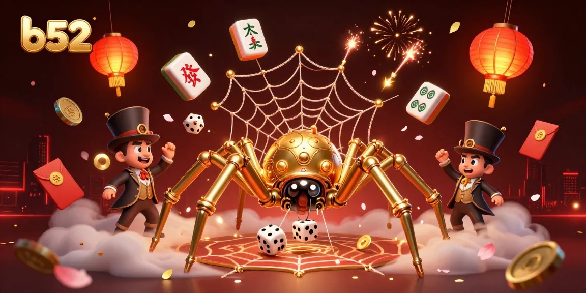 Experience the thrills of b52 gaming with a dynamic steampunk spider capturing game elements in a vibrant casino scene.