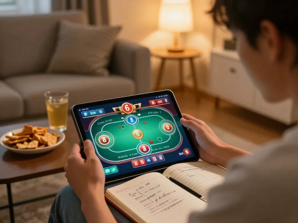 Engaging player enjoying 68 Game Bài on a tablet in a cozy home setting with strategic gaming notes.