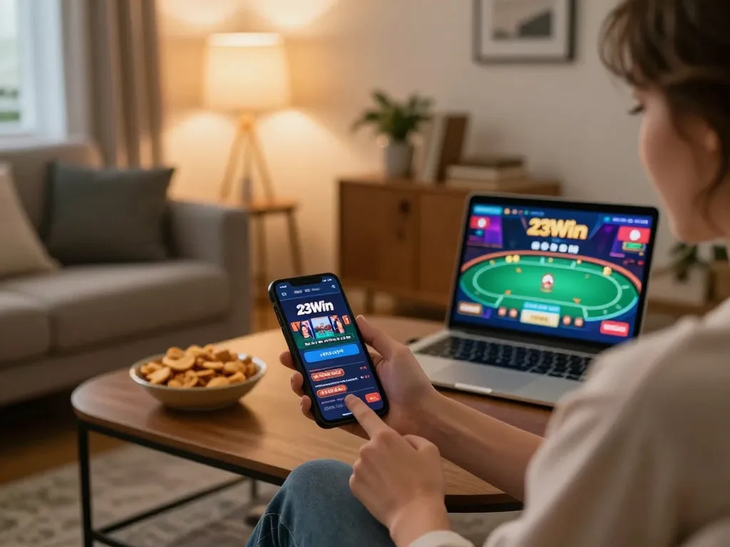 Player enjoying strategic gameplay on 23Win mobile app in cozy setting, highlighting responsible gambling ambiance.