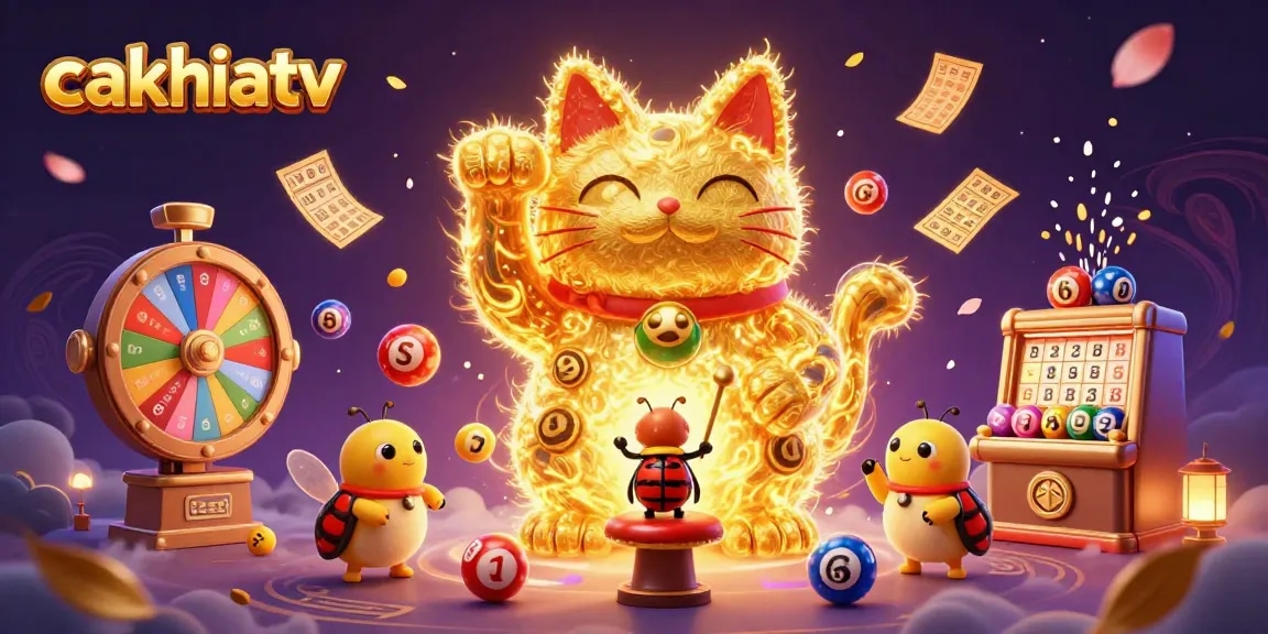 Experience the excitement with cakhiatv's thrilling golden lucky cat and casino symbols in a vibrant atmosphere.