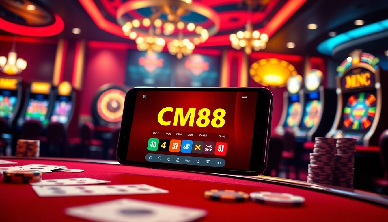Engaging CM88 mobile app interface for tải cm88 in a luxurious casino environment.