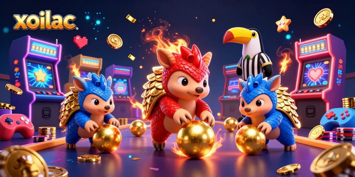 Xoilac inspires excitement as rival pangolins roll golden balls amidst poker chips, showcasing action-packed casino fun.